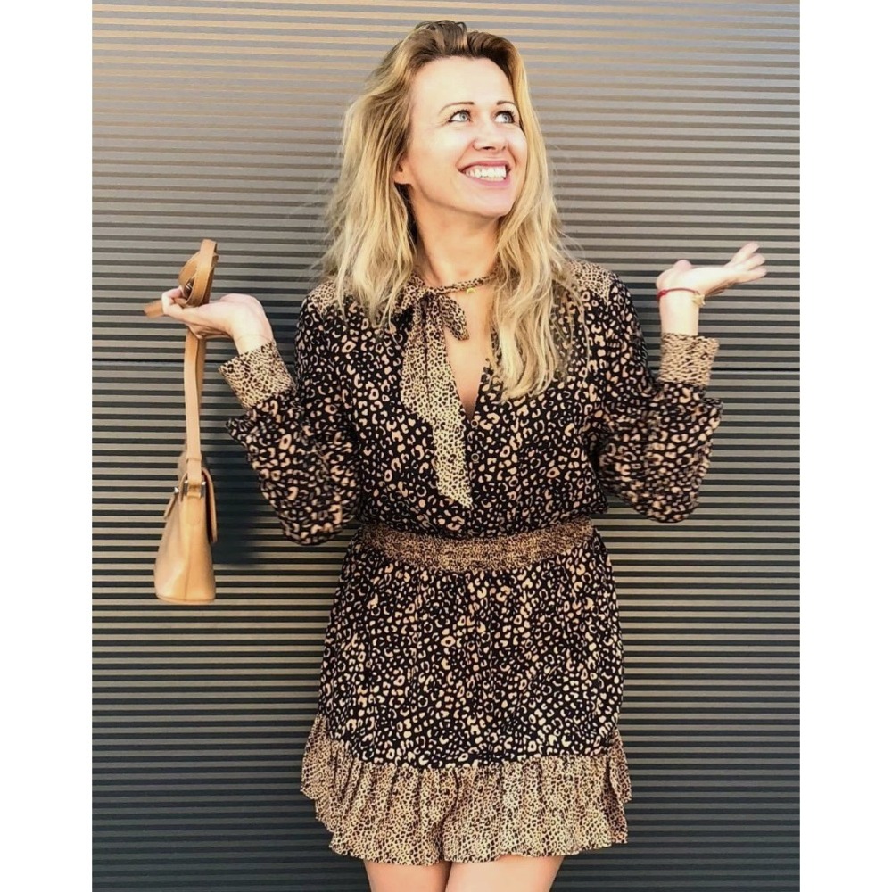 ZARA Leopard Animal Print Long Sleeve‎ Smocked Waist Mini Dress Women Size S